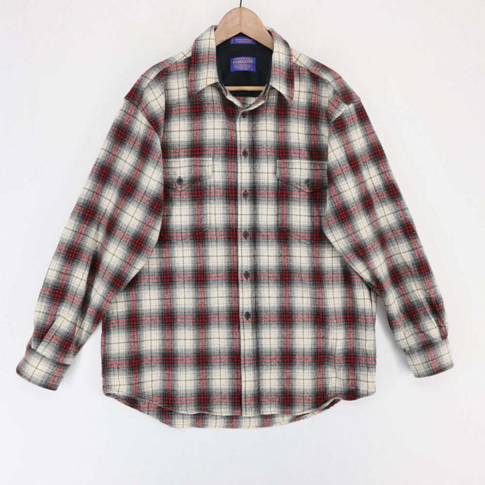 Vintage Pendleton Outdoorsman Shirt Mens L Red Plaid Wool Flannel Button Up